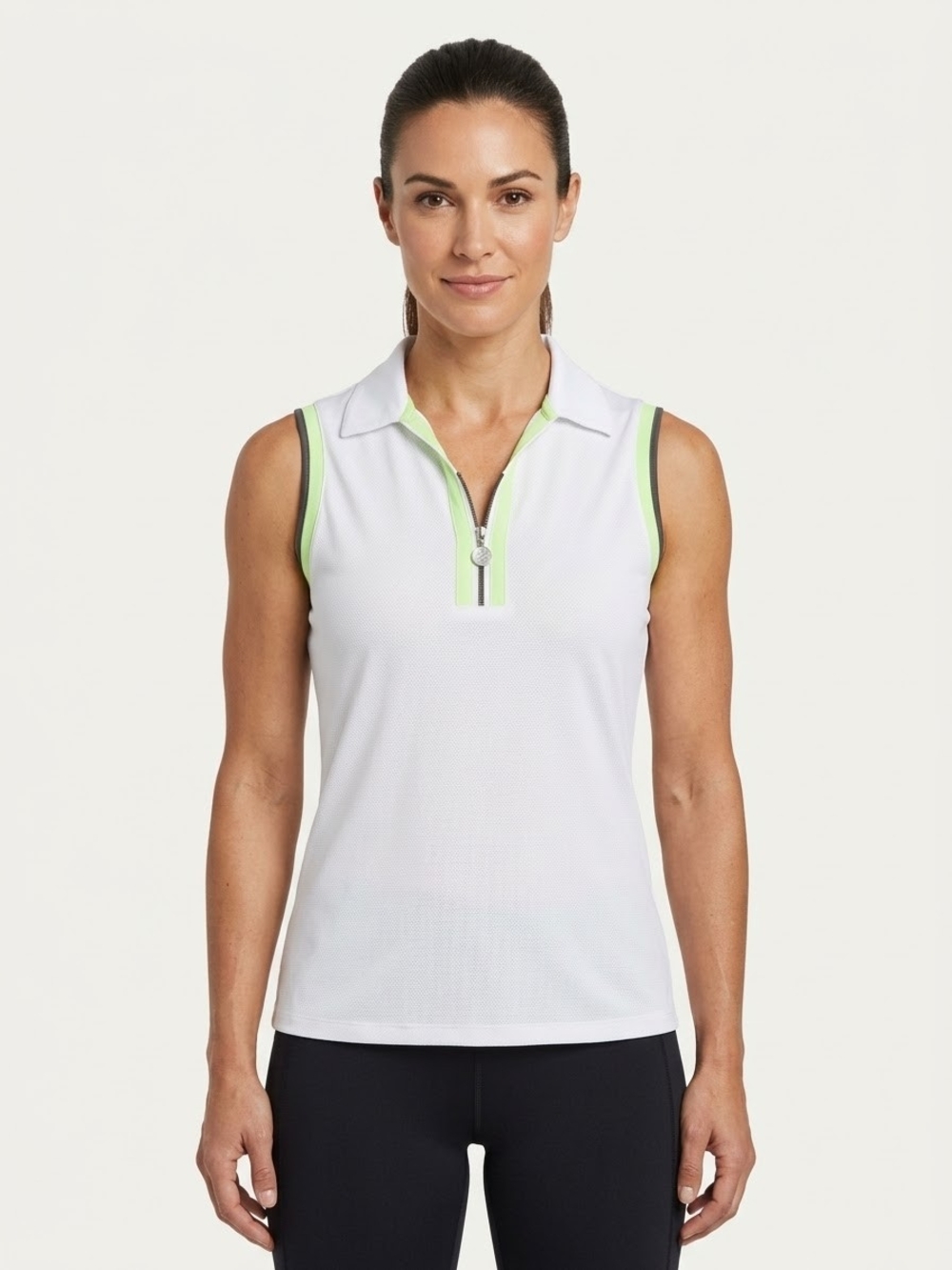 Izod White Sleeveless Zip Polo with Lime Trim Sz Medium Golf Tennis
